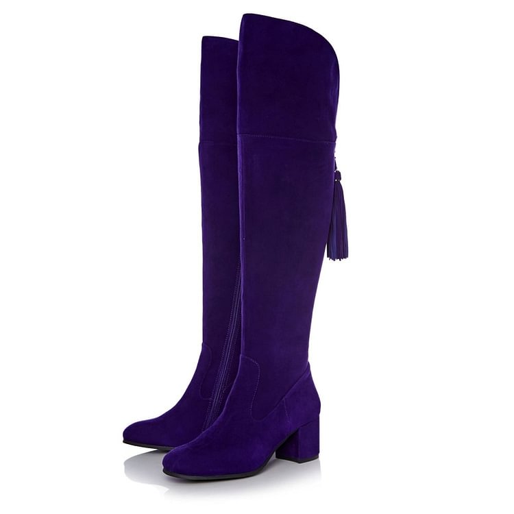 Deep Purple Long Boots Chunky Heels Suede Tassels Over-the-knee Boots |FSJ Shoes