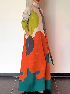 Image of Long Sleeves Loose Printed Split-Joint Round-Neck Maxi Dresses