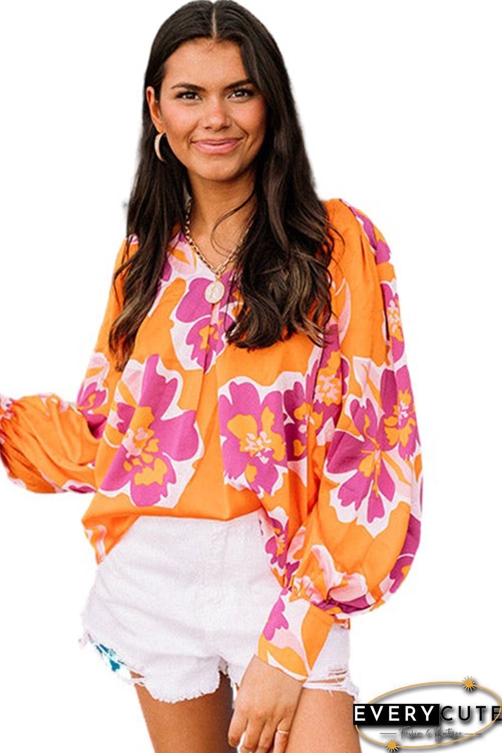Orange Rose Flower Print Puff Sleeve Blouse