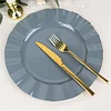 10 Pack | 11" Dusty Blue Hard Plastic Dinner Plates with Gold Ruffled Rim, Large Heavy Duty Disposable Dinnerware