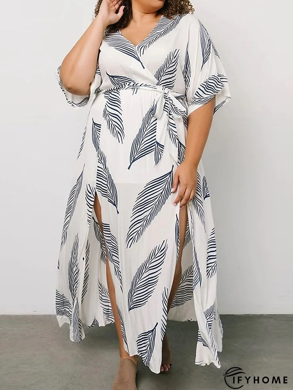 Plus Size Maxi Dress Easter Dress Leaf Casual Dress Wrap Dress A Line Dress Long Dress Half Sleeve Lace up Split V Neck Basic Outdoor White Summer Dress | IFYHOME