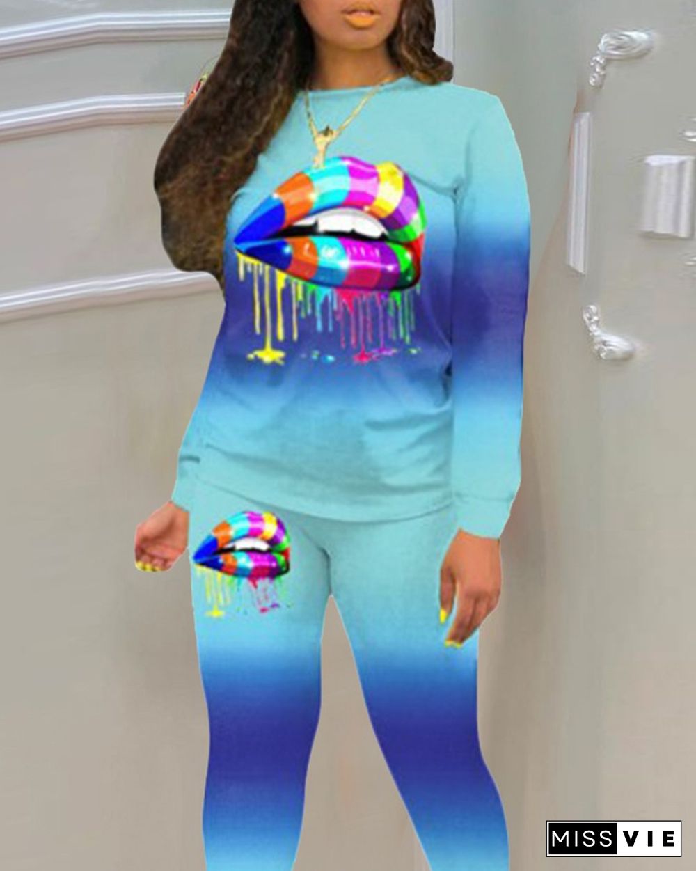 Gradient Color Block Lip Print Long Sleeve Active Sets