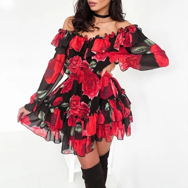 Graduation Gifts  Women Off Shoulder Ruffles Flower Print Dress 2022 Spring Long Sleeve Elegant Party Dress Female Chiffon Beach Holiday Vestidos