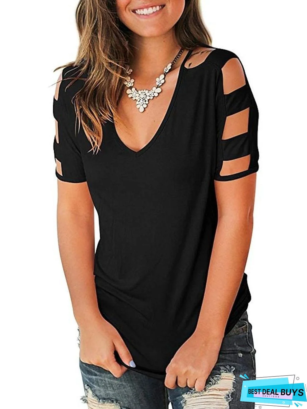 T-Shirts Cute Rayon Tops Cut Out Shoulder Tees Blouses