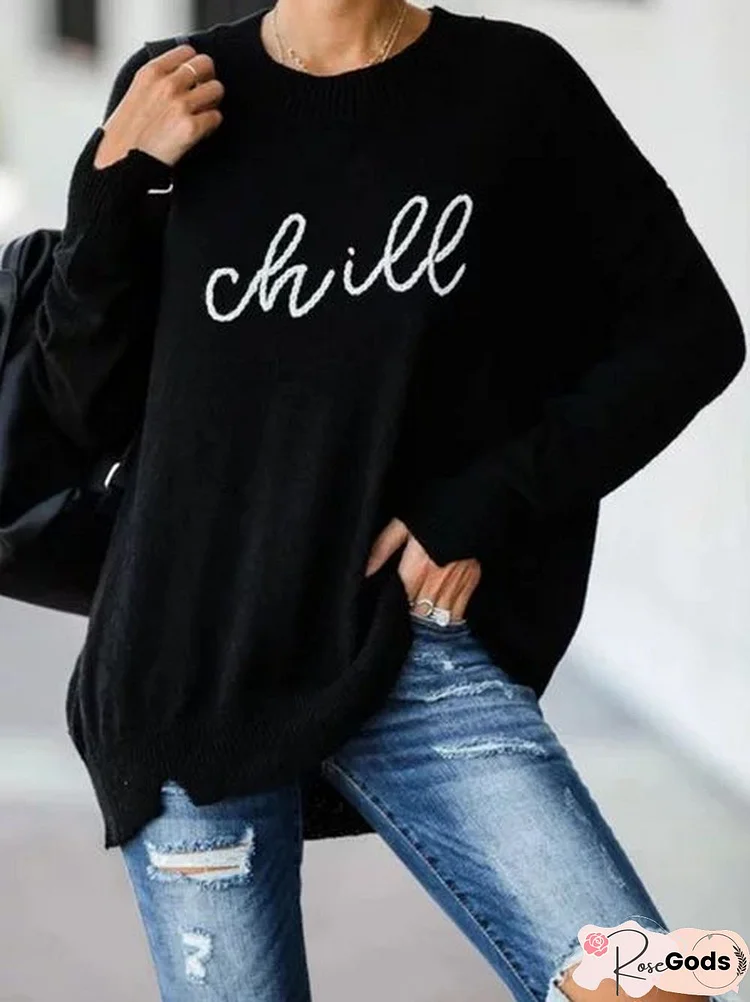 Women Long Sleeve Black Casual Printed Knitted Plus Size Sweater