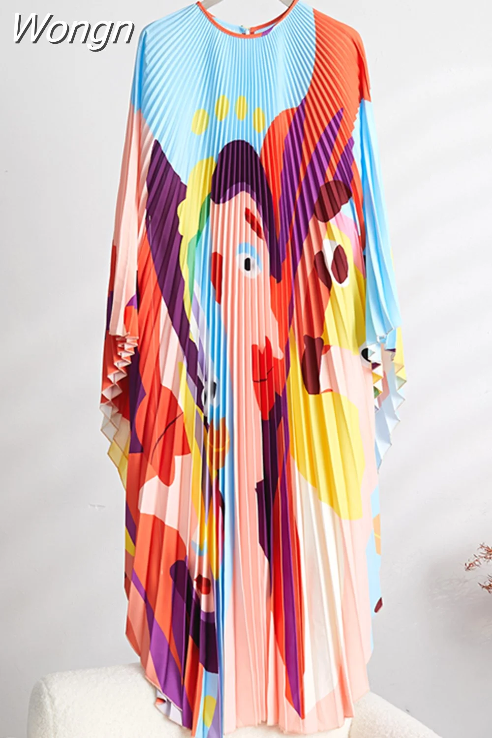 Wongn Women's New 2023 Miyake Pleated Dress Swing Skirt High Grade Graffiti Age Reducing Fashion High Quality Long Dress Robe