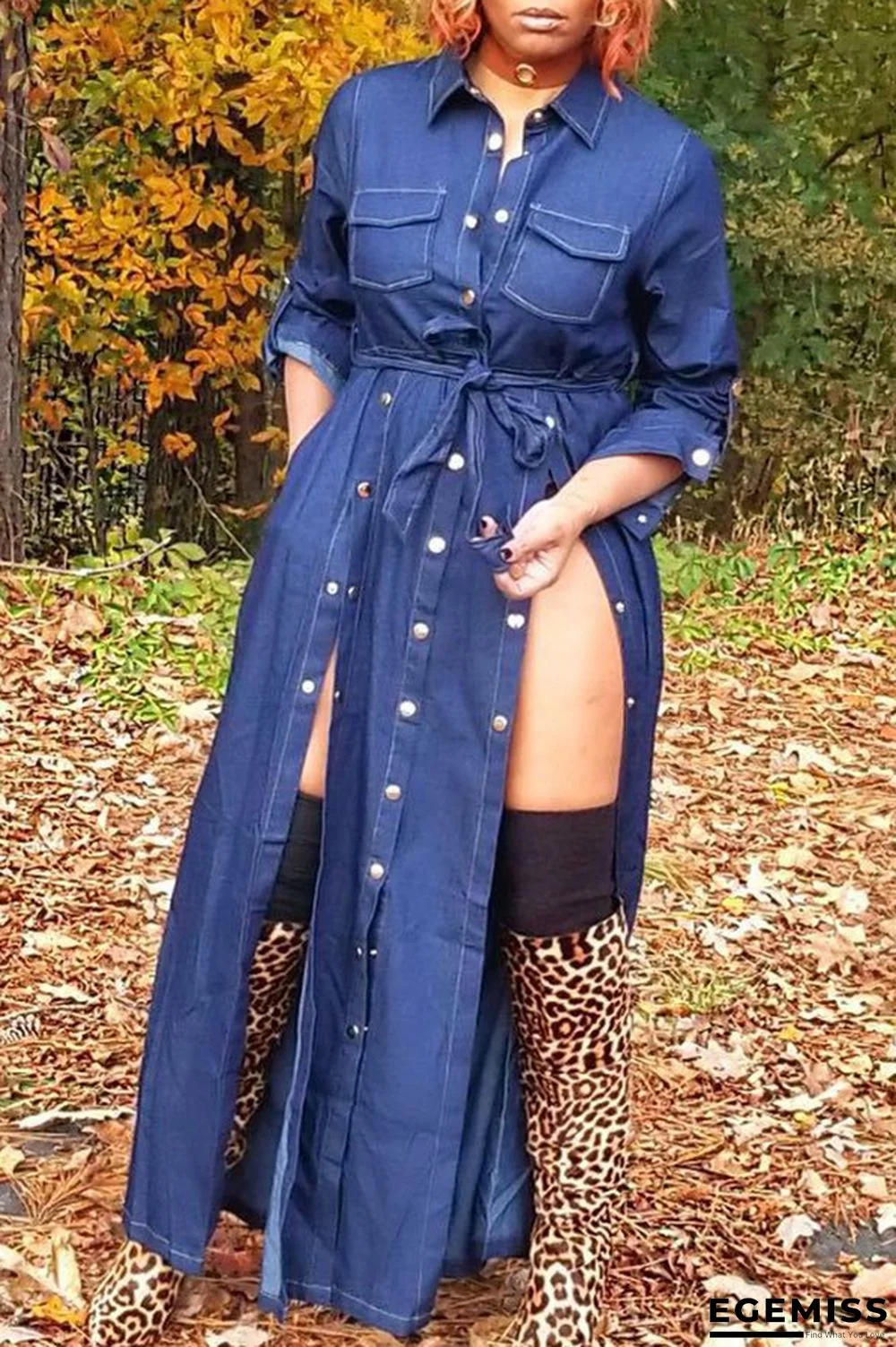 Blue Trendy Buttons Design Denim Ankle Length Dress | EGEMISS