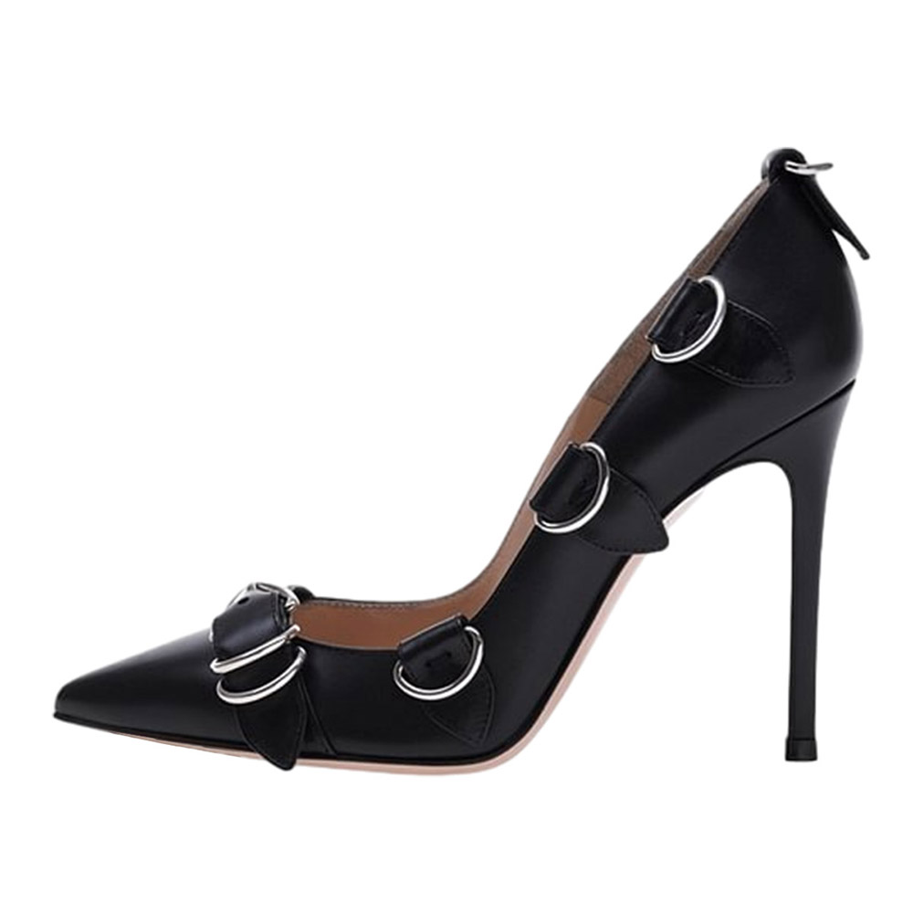 Black Vegan Leather Pointed Toe 4'' Stiletto Heel Pumps with Buckle Nicepairs
