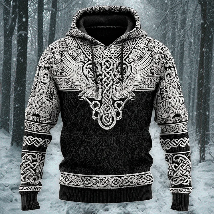 Men's Vintage Viking Celtic With Wings Art Cozy Knit Hooded Sweater