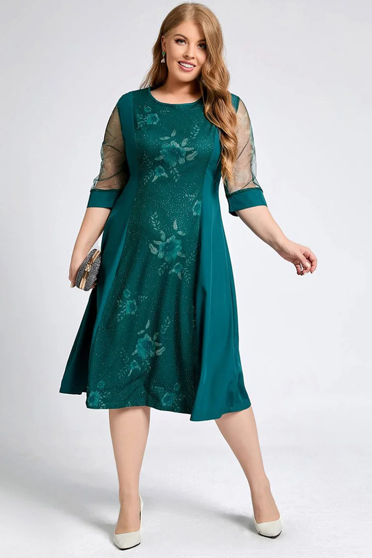 Flycurvy Plus Size Green Lace Embroidery Patchwork 3/4 Sleeve Midi Dress  Flycurvy [product_label]