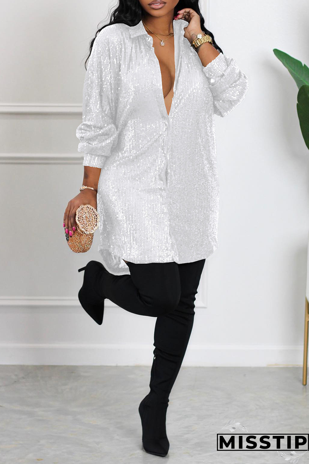 White Street Solid Sequins Turndown Collar Shirt Dress Dresses