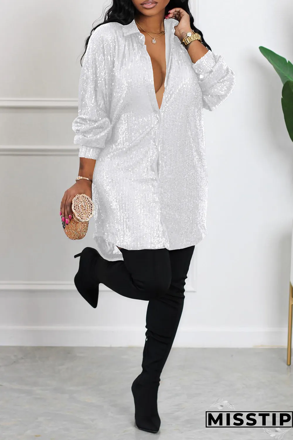 White Street Solid Sequins Turndown Collar Shirt Dress Dresses
