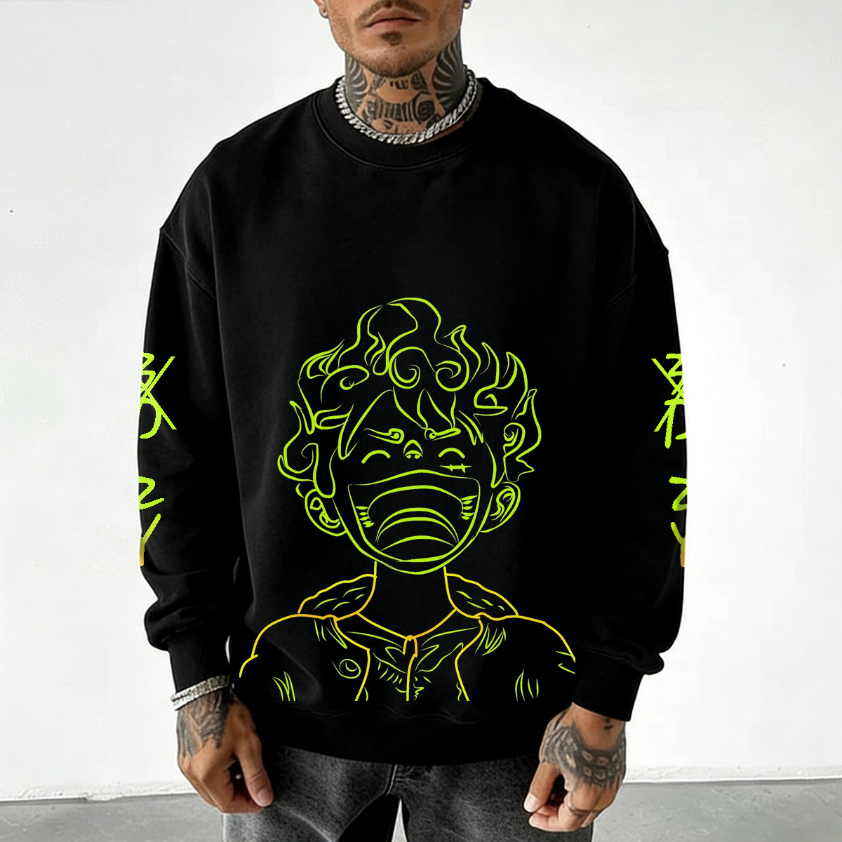 Neon Line Art Crewneck Sweatshirt with Bold Graphic Design