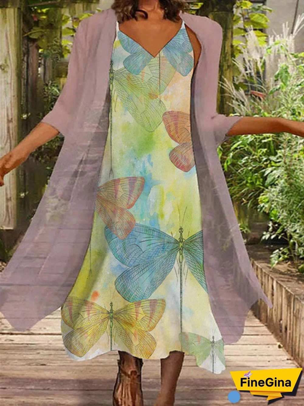 Women 3/4 Sleeve Scoop Neck Graphic Floral Printed Two-Piece Maxi Dress