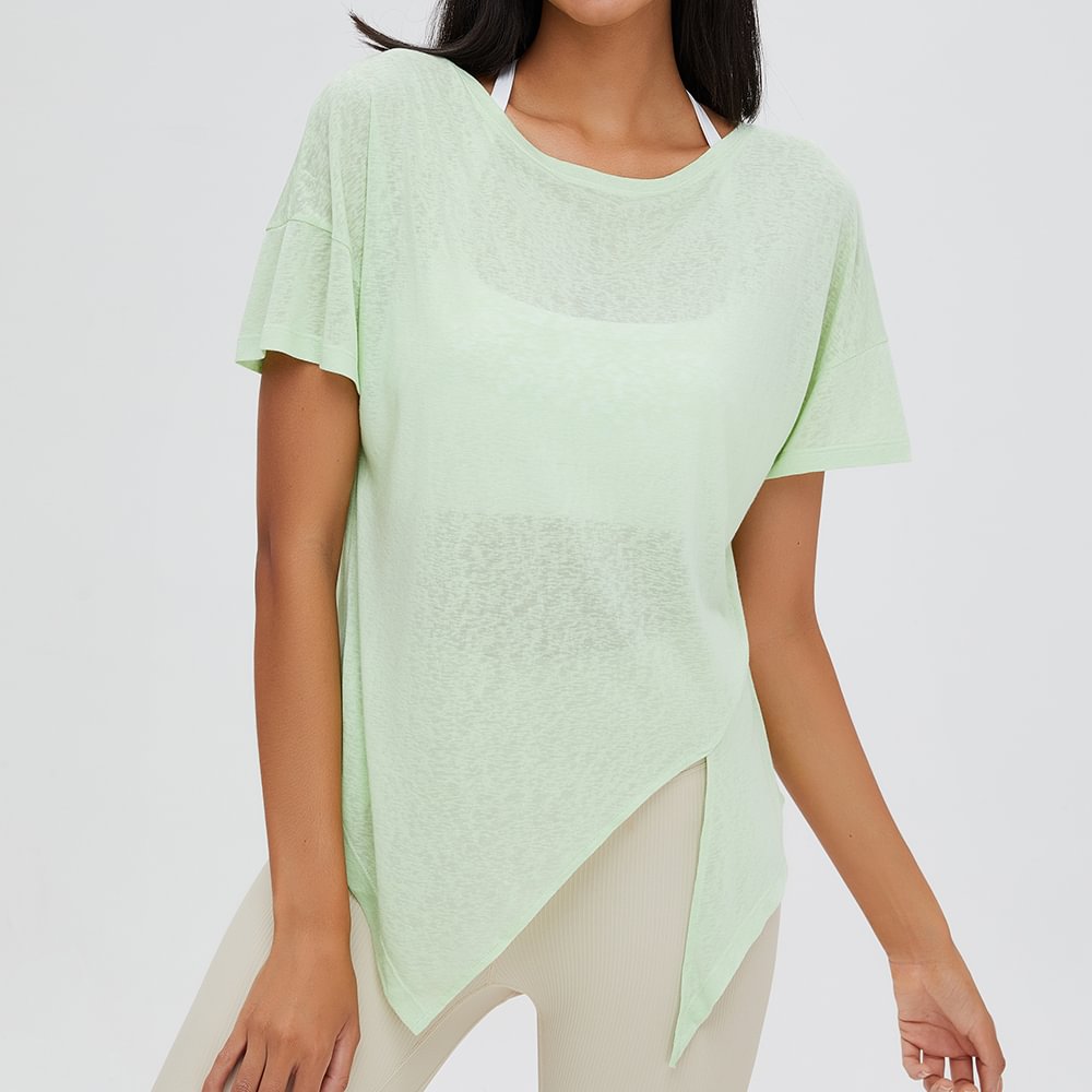 Shop lime green short sleeve sunscreen breathable side split running fitness t shirt online on Hergymclothing