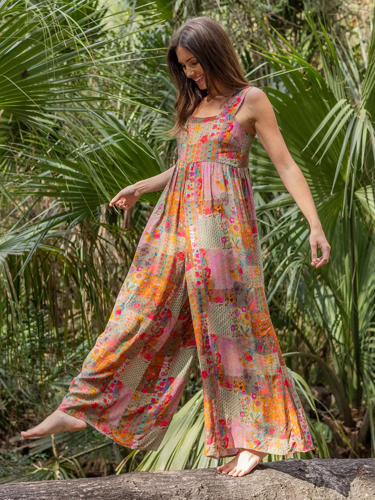 Comstylish Women's Casual Floral Print Cotton And Linen Jumpsuit