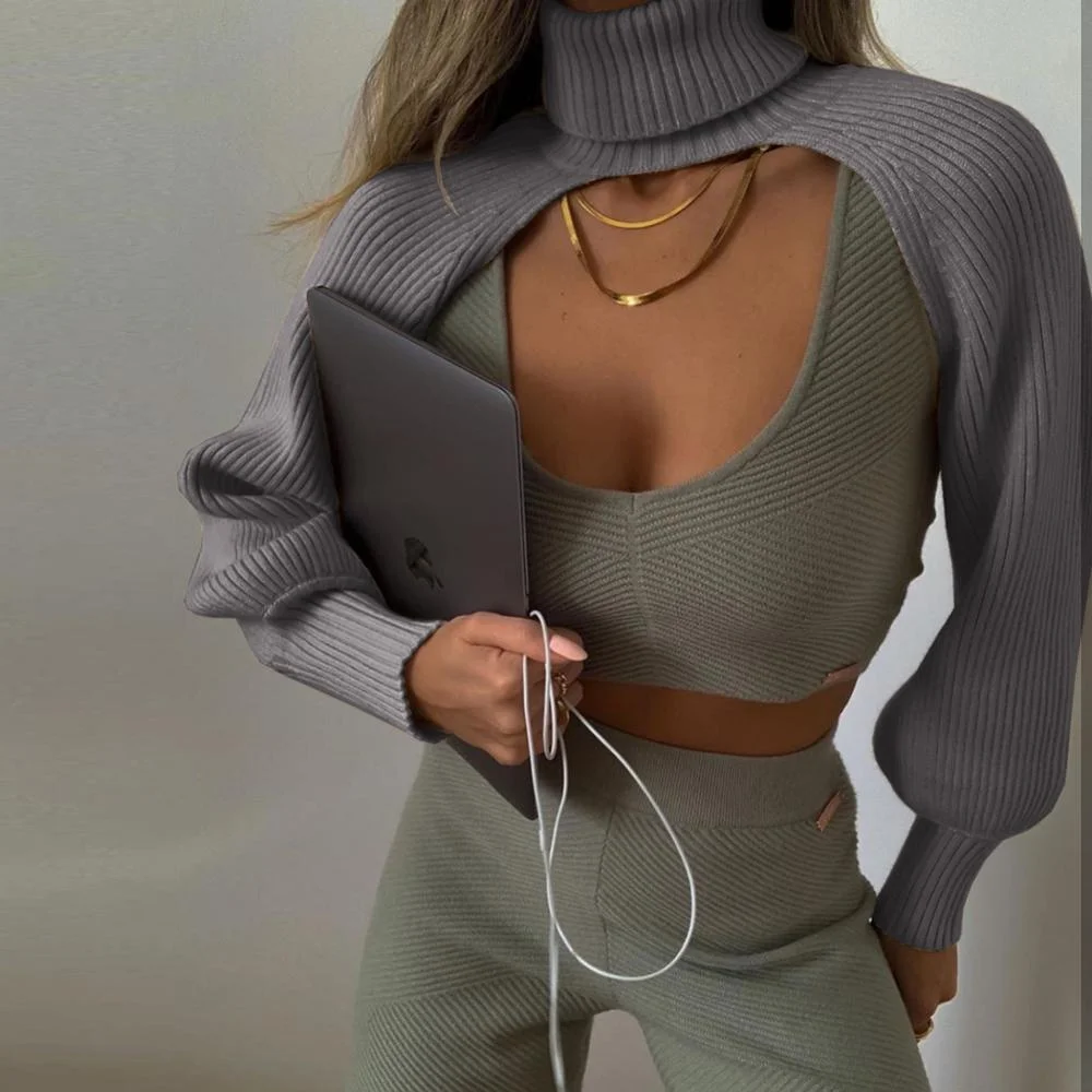 Cryptographic Fall Winter 2021 Knitted Turtleneck Women's Crop Tops Sweaters Lantern Sleeve Pullover Females Shawl Sweaters