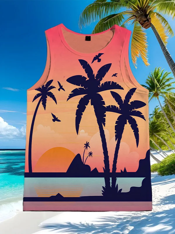 Men's Seaside Sunset Scenery Art Print Tank Top