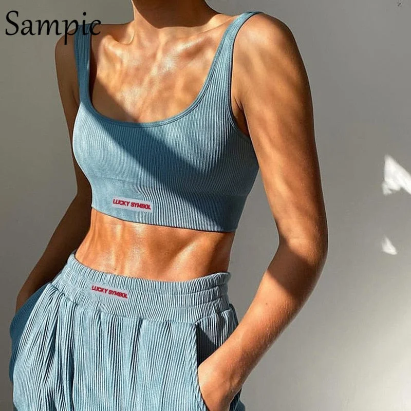 Sampic 2020 Sexy Women Print Letters Sweatpants Set Tracksuit Sleeveless Tops And Sport Loose Jogger Pants Two Piece Set Outfits