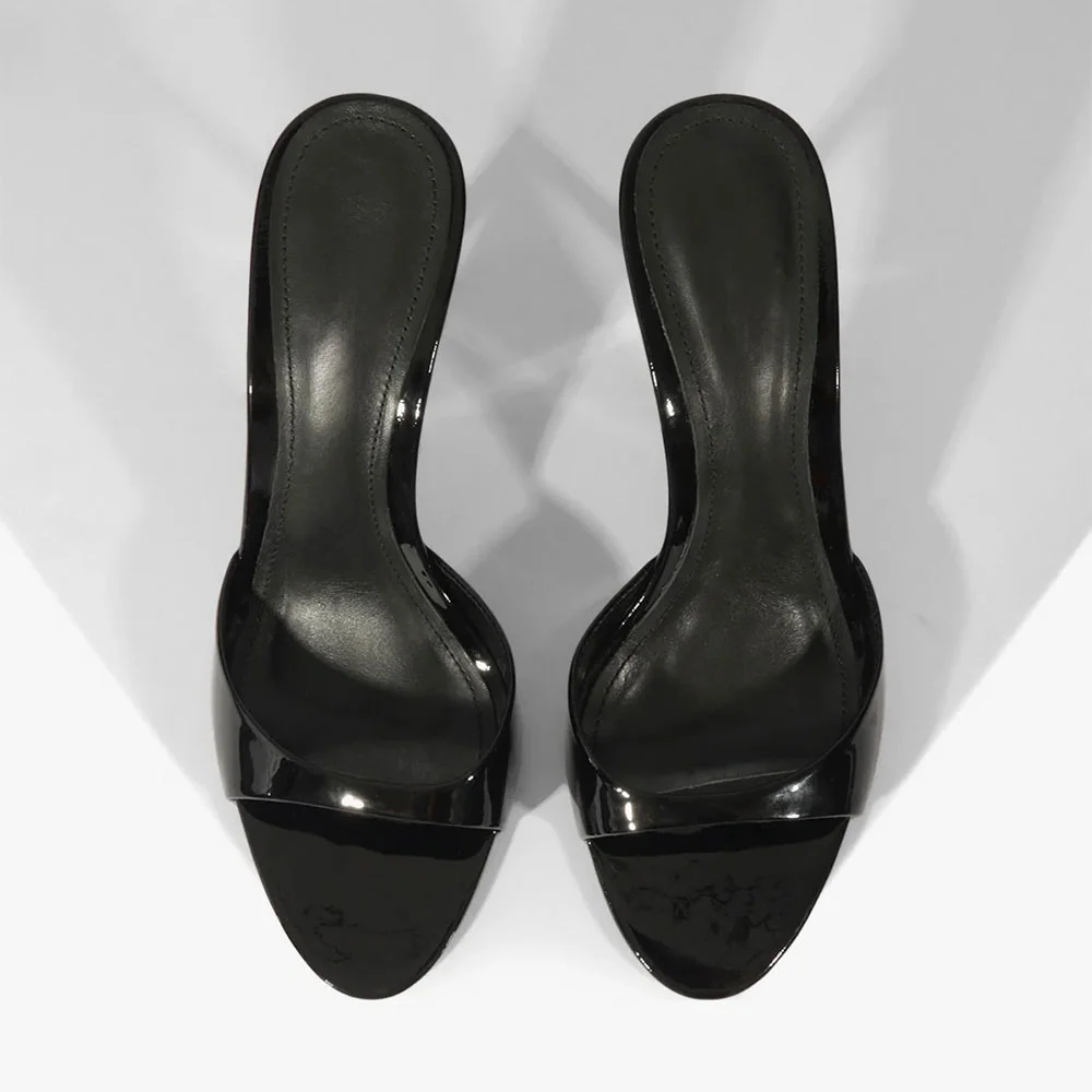 Black Patent Leather Open Round Toe Comfortable High Heel Mules