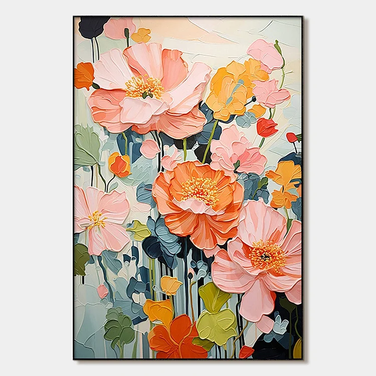 SPRING BOUQUET: Vertical Textured Floral Painting, Impasto Pink and Orange Flowers, Living Room, Bedroom, Dining Room（Canvas painting）