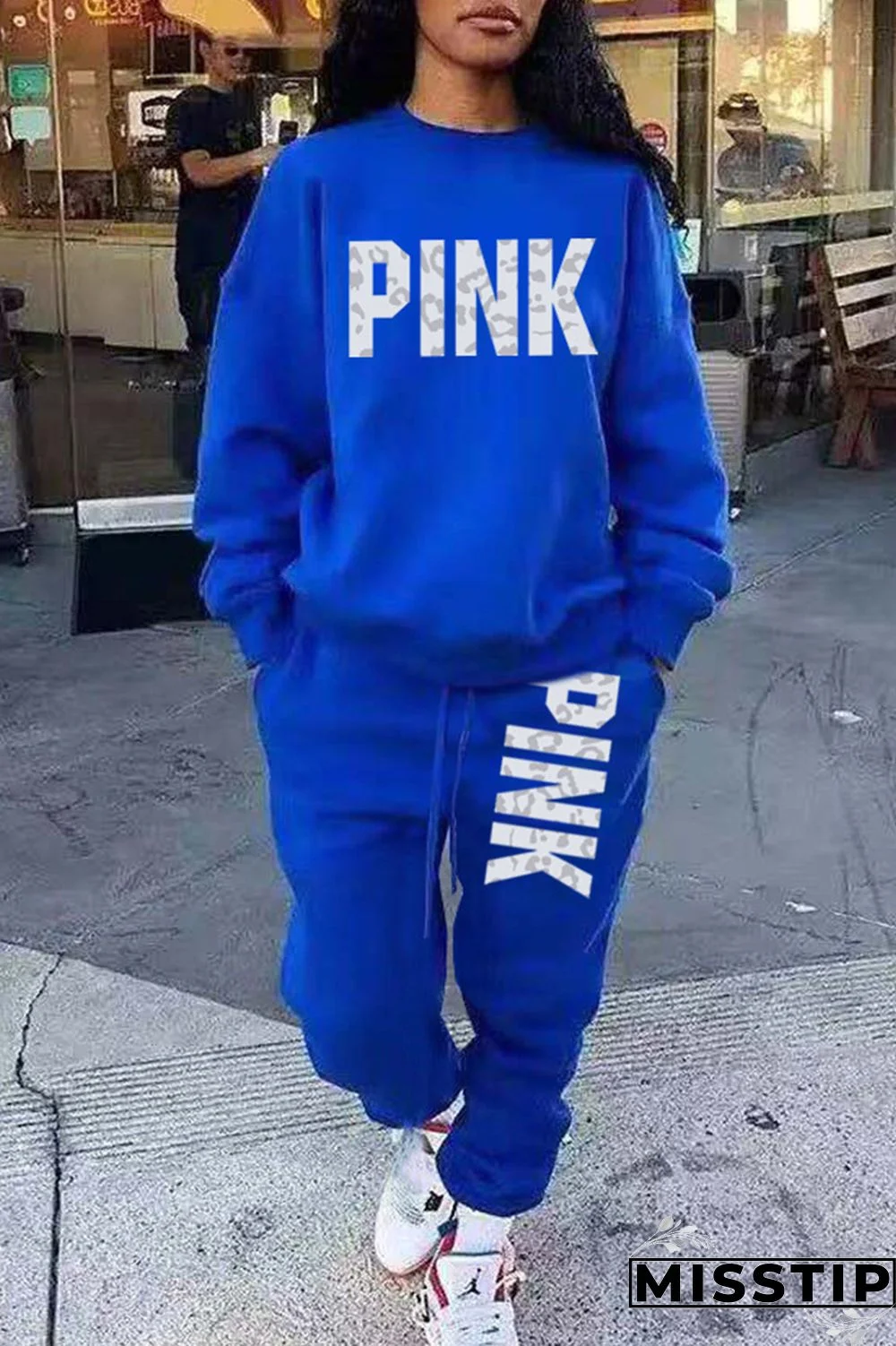 Blue Casual Letter Print Patchwork O Neck Long Sleeve Two Pieces