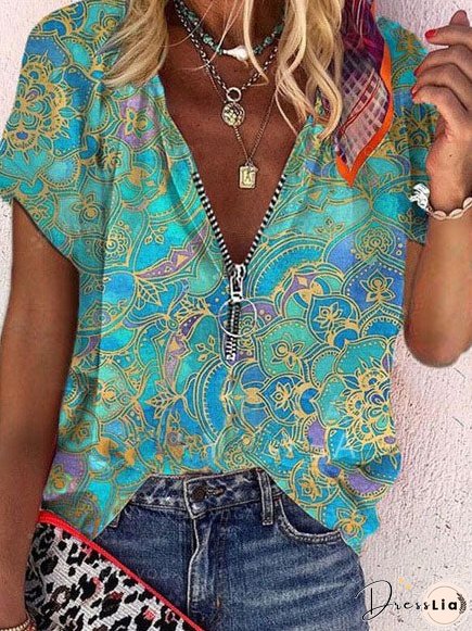 Printed Zipper V-neck Loose Short Sleeve T-shirts