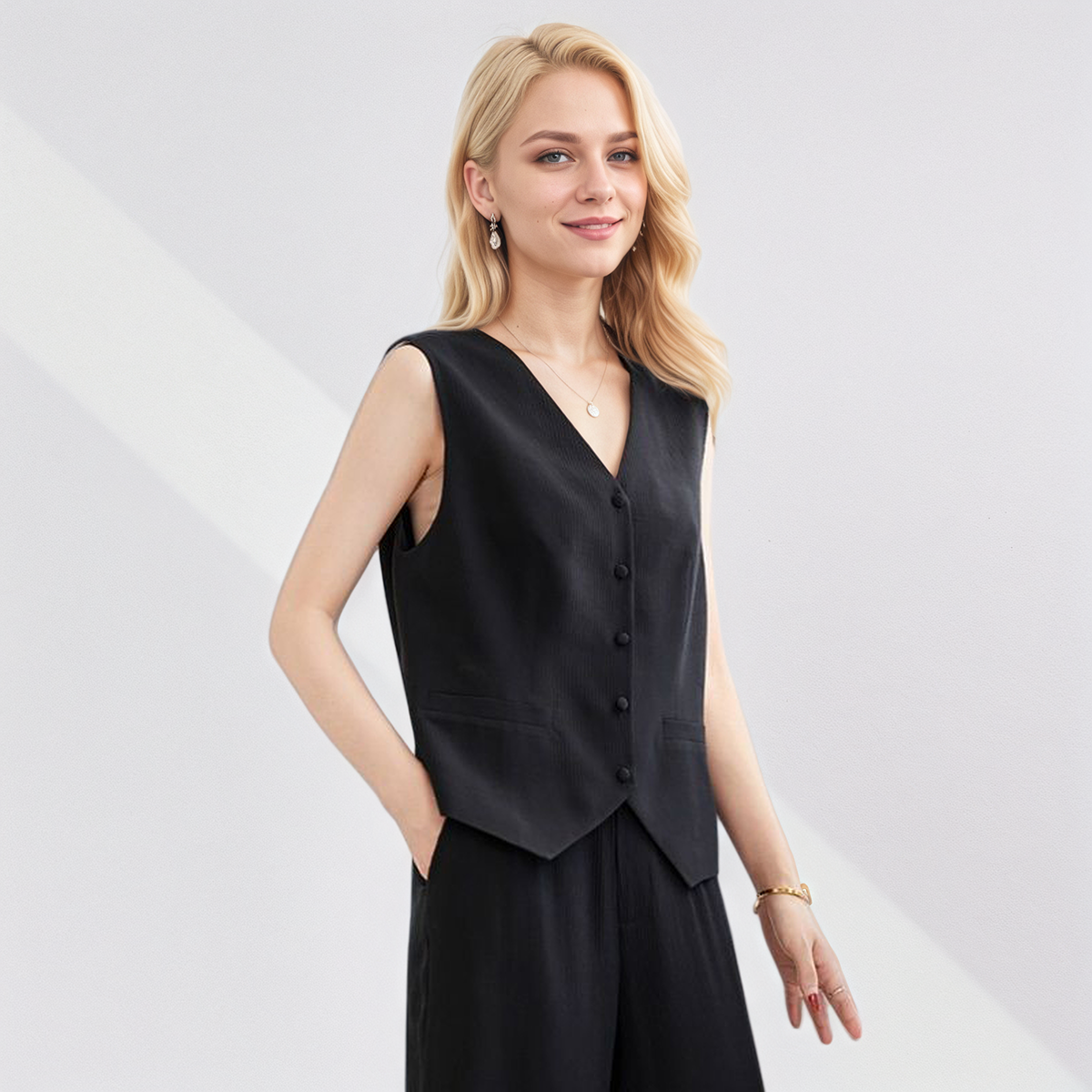 Women's V-Neck Silk Vest Black Silk Wide-Leg Pants  REAL SILK LIFE