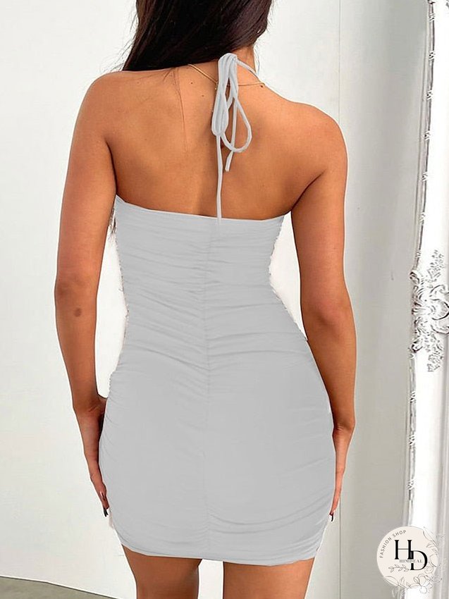 Bodycon Sheath Dress Sexy Dress Mini Dress Black White Pink Sleeveless Pure Color Ruched Summer Spring Halter Party Slim S M L XL 2XL 3XL / Slip Dress for Women