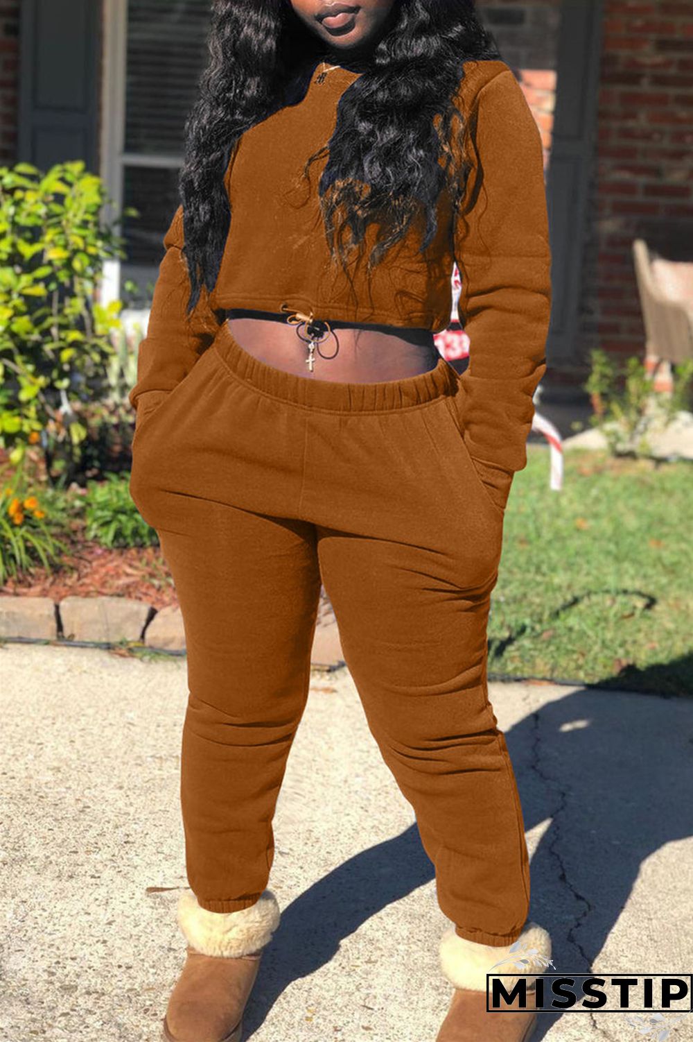 Coffee Fashion Casual Solid Basic O Neck Long Sleeve Two Pieces