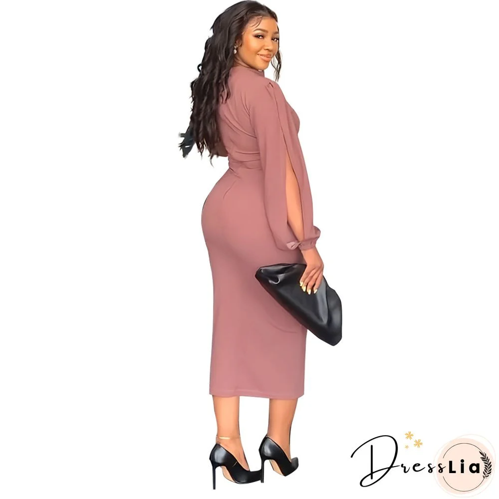 Elegant Solid Lantern Sleeve Maxi Pencil Dress