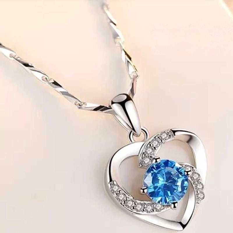 925 Sterling Silver Artificial Gemstones Box Chain Inlay Heart Shape Pendant Necklace