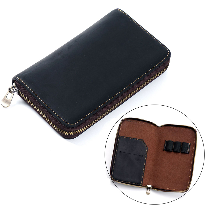 Fromthenon Crazy Horse Cowhide Zipper Pencil Case Pen Box Large Capacity Card Storage Bag Writing Case