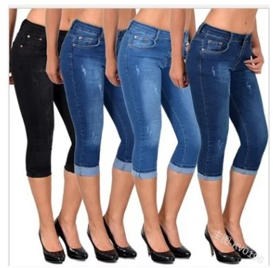 Uveng Uveng 2023 High-Waisted Simple Design Pocket Decoration Large-Size Roll-Over Denim Seven-Point Trousers