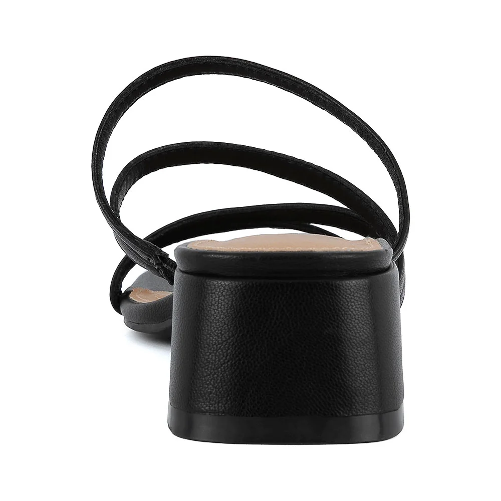 Square Toe Block Heel Strappy Slip On Black Sandals for Women