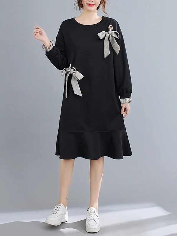 Black Bow-Embellished Long Sleeve Mini Dress
