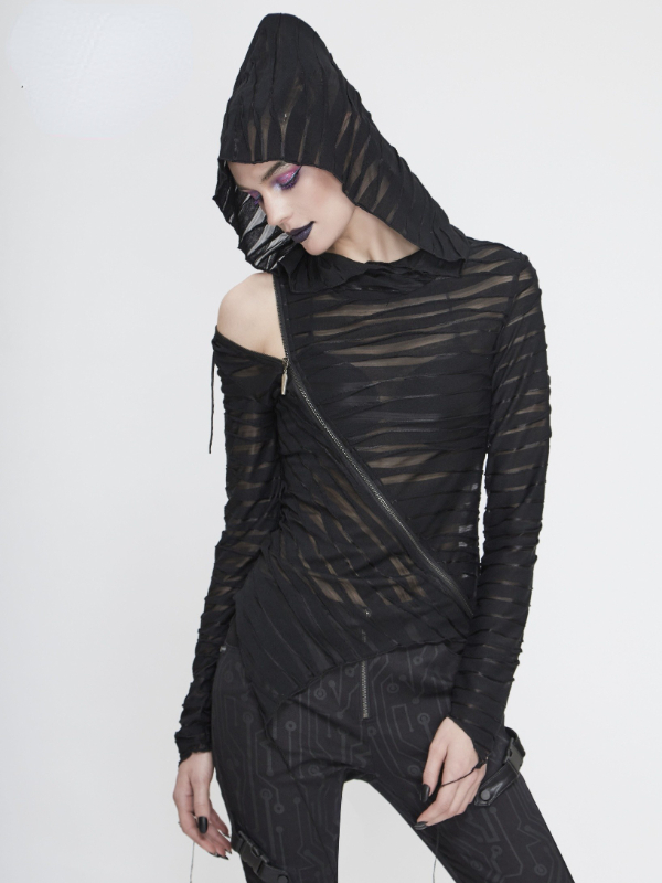 Two-wear Basic Hooded T-shirt with Diagonal Zipper
