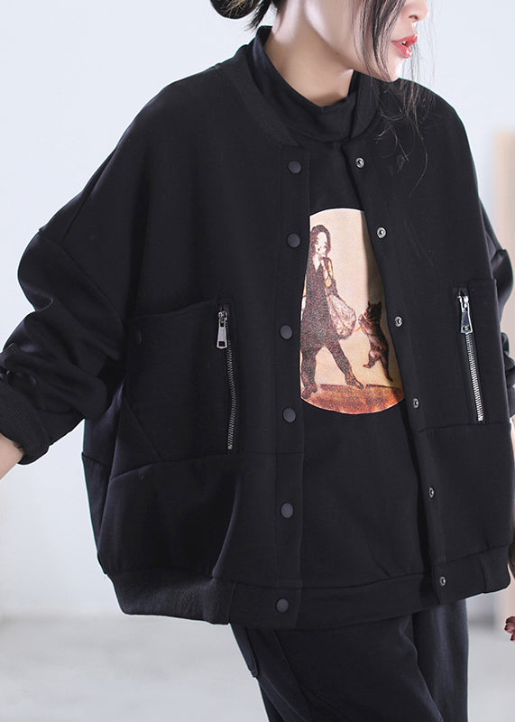 VCSHOES Loose Black O-Neck Zippered Button Pockets Cotton Coats Long Sleeve