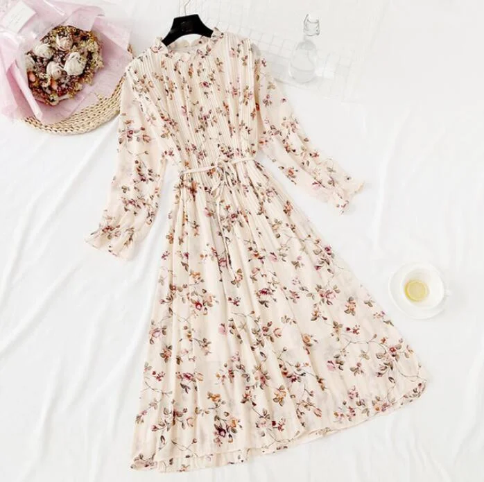 2020 Elegant Women Print Chiffon Dress Long sleeve Lotus leaf collar Pleated Dress Female Casual Midi Dresses vestidos mujer