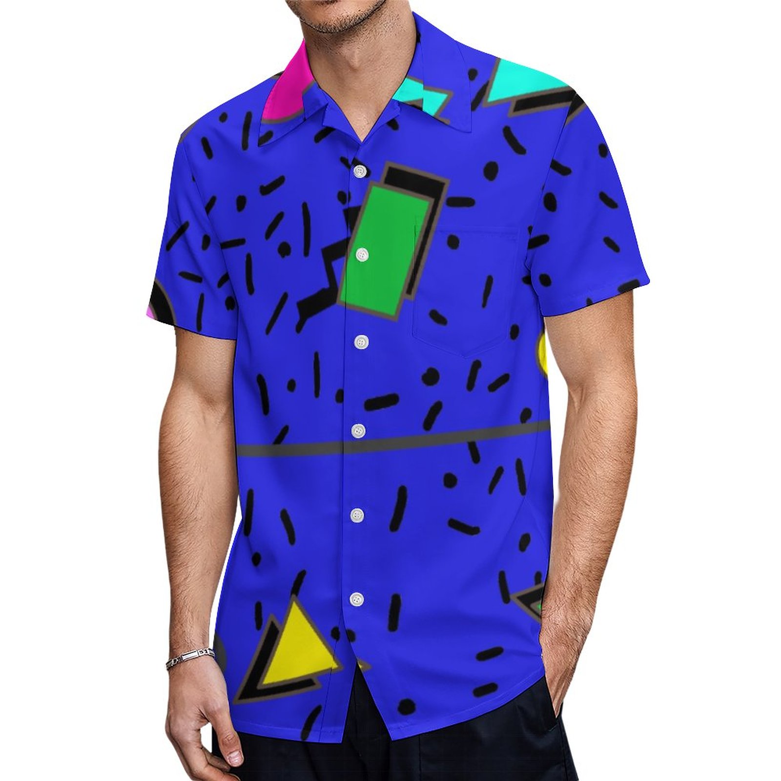 Electric Blue 80s Memphis Abstract Style Retro | Men'S Tropical Print Hawaiian Beach Vacation Shirt | Hawaiian Shirt Appropriation Hawaiian Shirts Vacation Resort