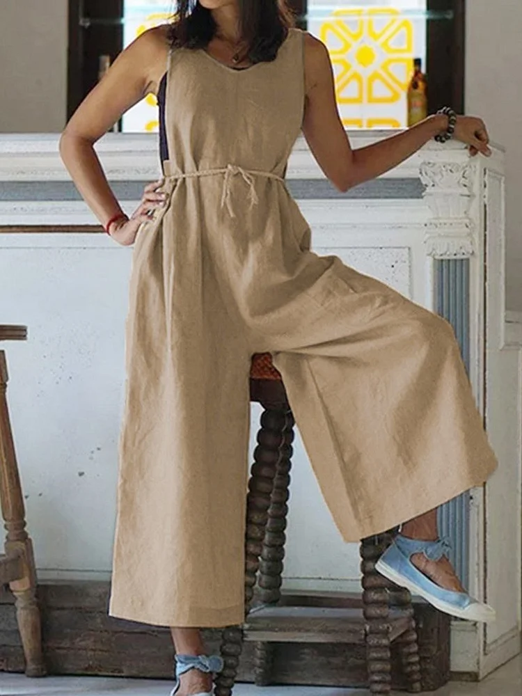 Pure color casual loose drawstring round neck sleeveless wide-leg jumpsuit-Mayoulove