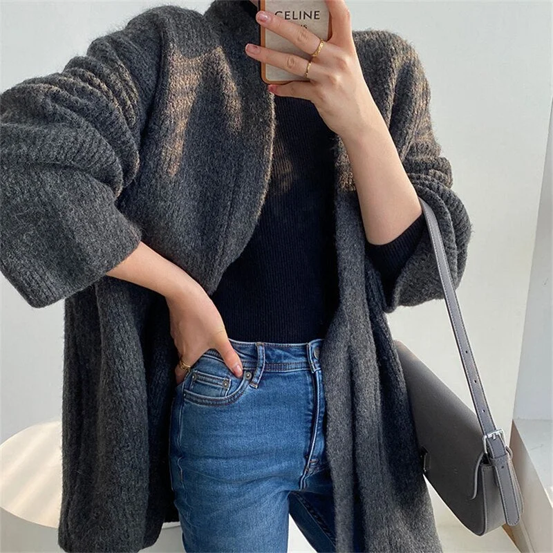 Syiwidii Cardigan Woman Sweaters Fall Winter 2021 Fashion Long Sleeve V Neck Jackets Loose Knitted Midi Coats with Sashes Khaki