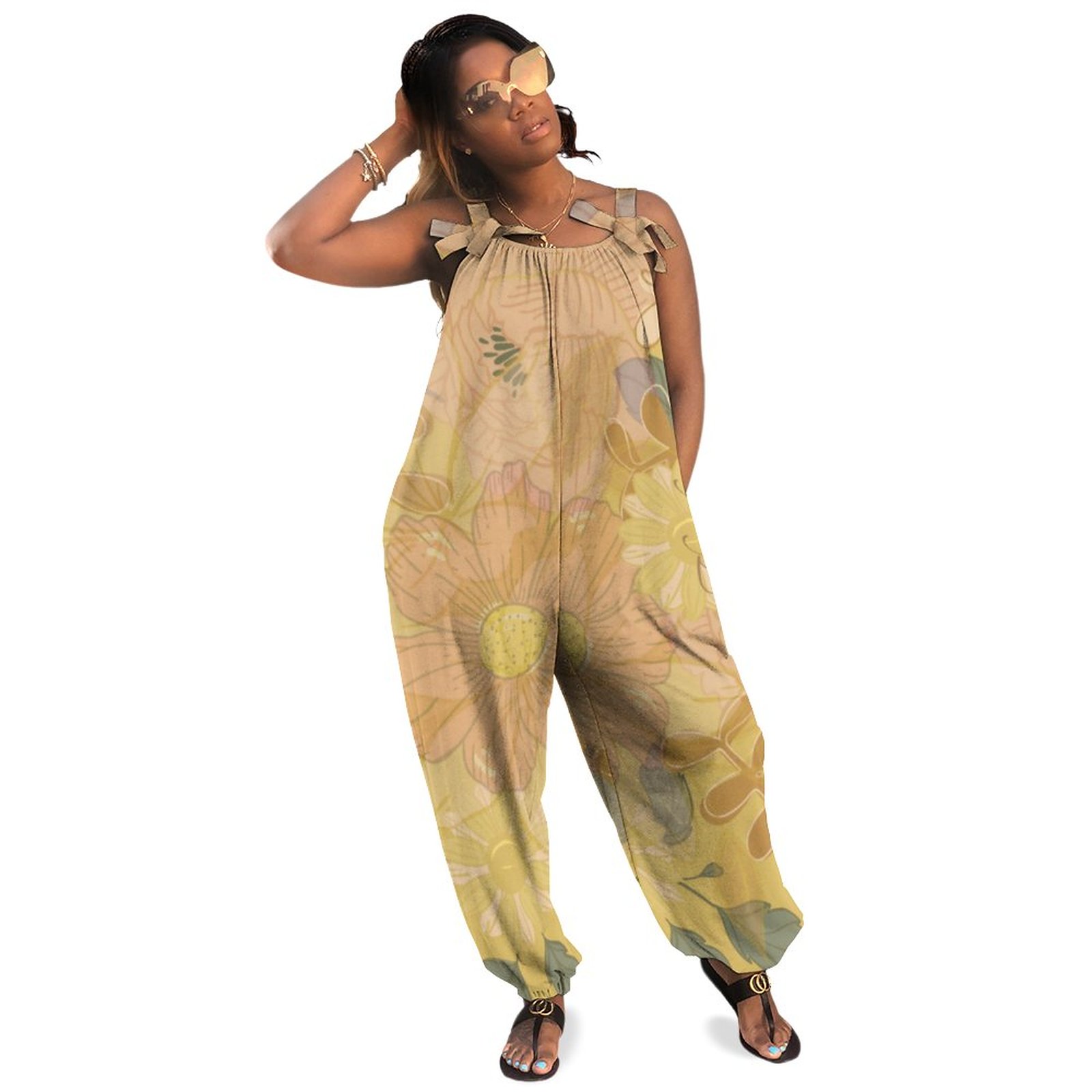 Chic Gold Leaf Violet Floral Background Boho Vintage Loose Overall Corset Jumpsuit Without Top