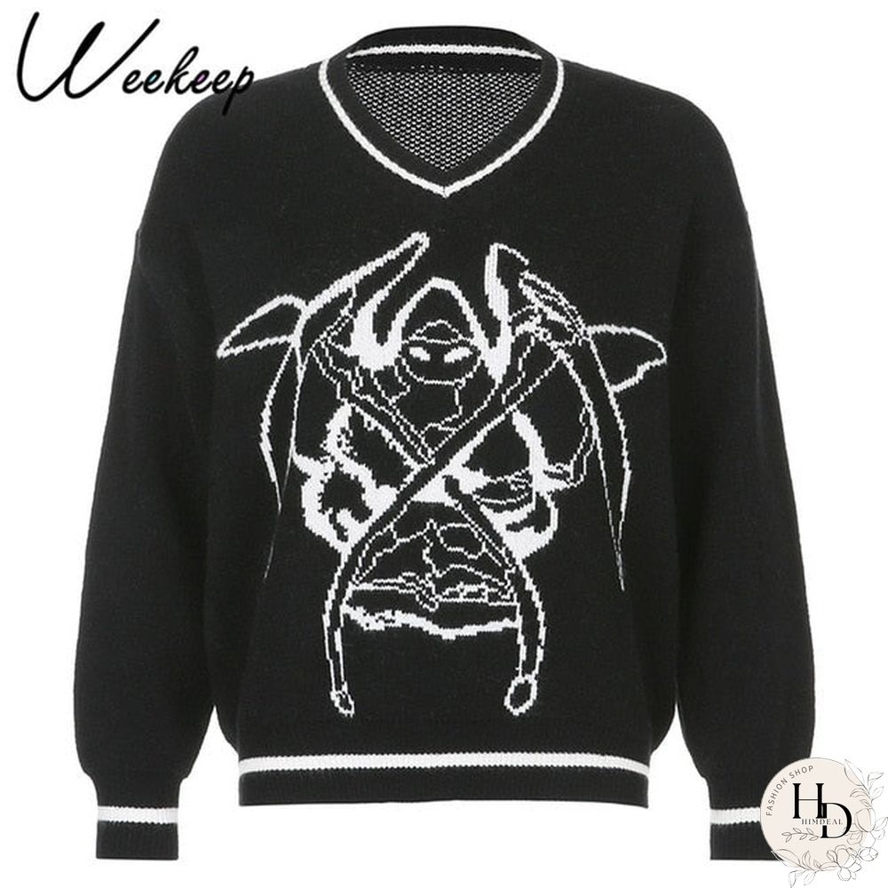 Weekeep Y2K Chic Print Streetwear Oversized Sweater Women's Casual Autumn Winter Knitted Jumper Fashion Loose Knitwear Pullovers