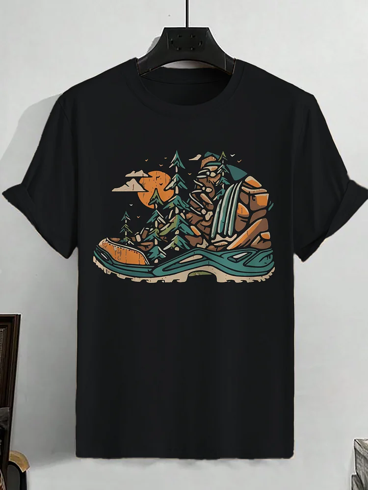 100% Cotton Men's Hiking Shoe Abstract Art Print Casual T-Shirt