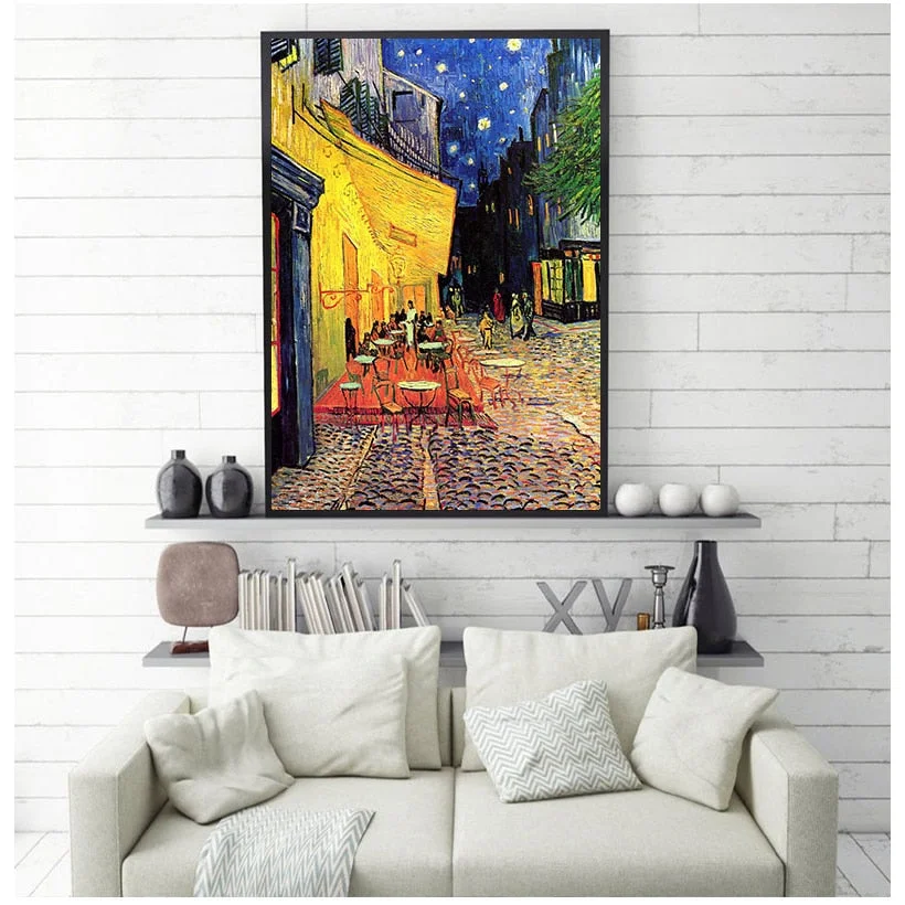 Van Gogh Famous Oil Painting Print Poster Cafe Terrace At Night Reproduction Canvas Wall Art Pictures for Living Room Decoration