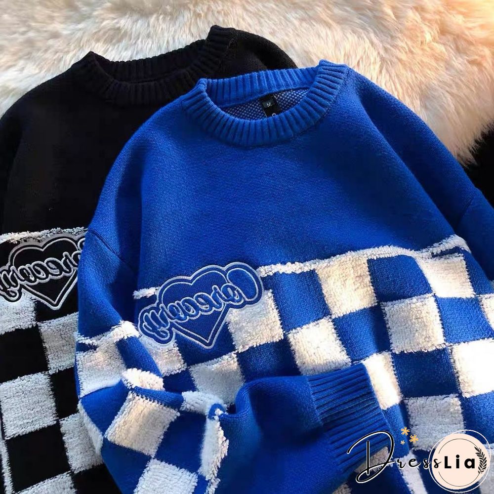 Ins Tide Brand Klein Blue Flocking Checkerboard Sweater