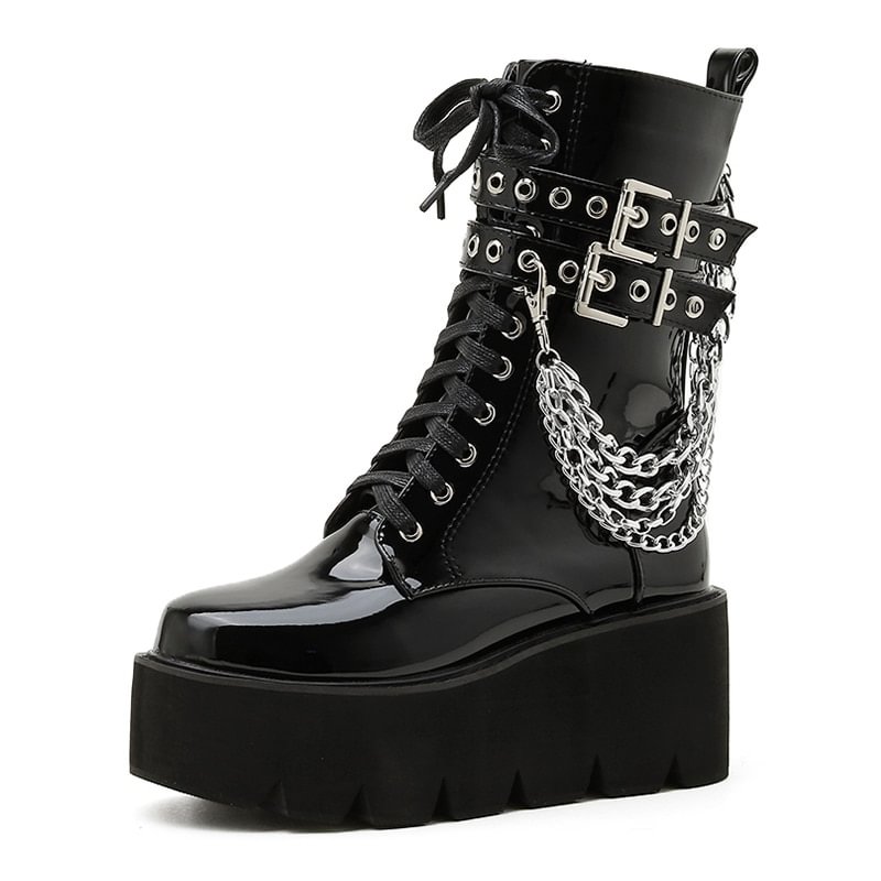 Canrulo Sexy Chain Women's Leather Spring Autumn Boots Platform Wedge Dark Gothic Black Women Shoes Patent Leather Top Quality