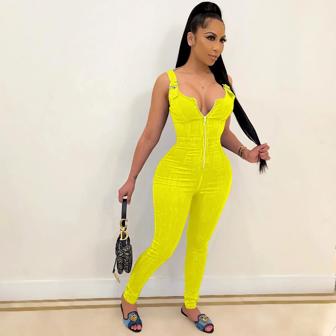CM.YAYA Fake Jeans Women's Skinny Zipper Up Rompers Fashion Sleeveless Pencil Jumpsuit Bodycon Active One Piece Overalls