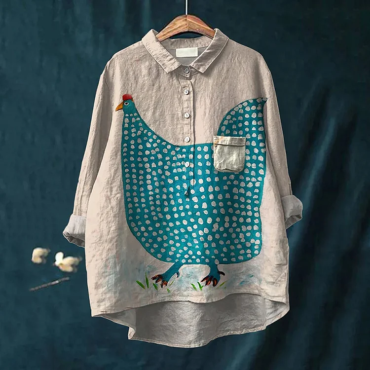 Chicken Art Print Casual Cotton And Linen Shirt